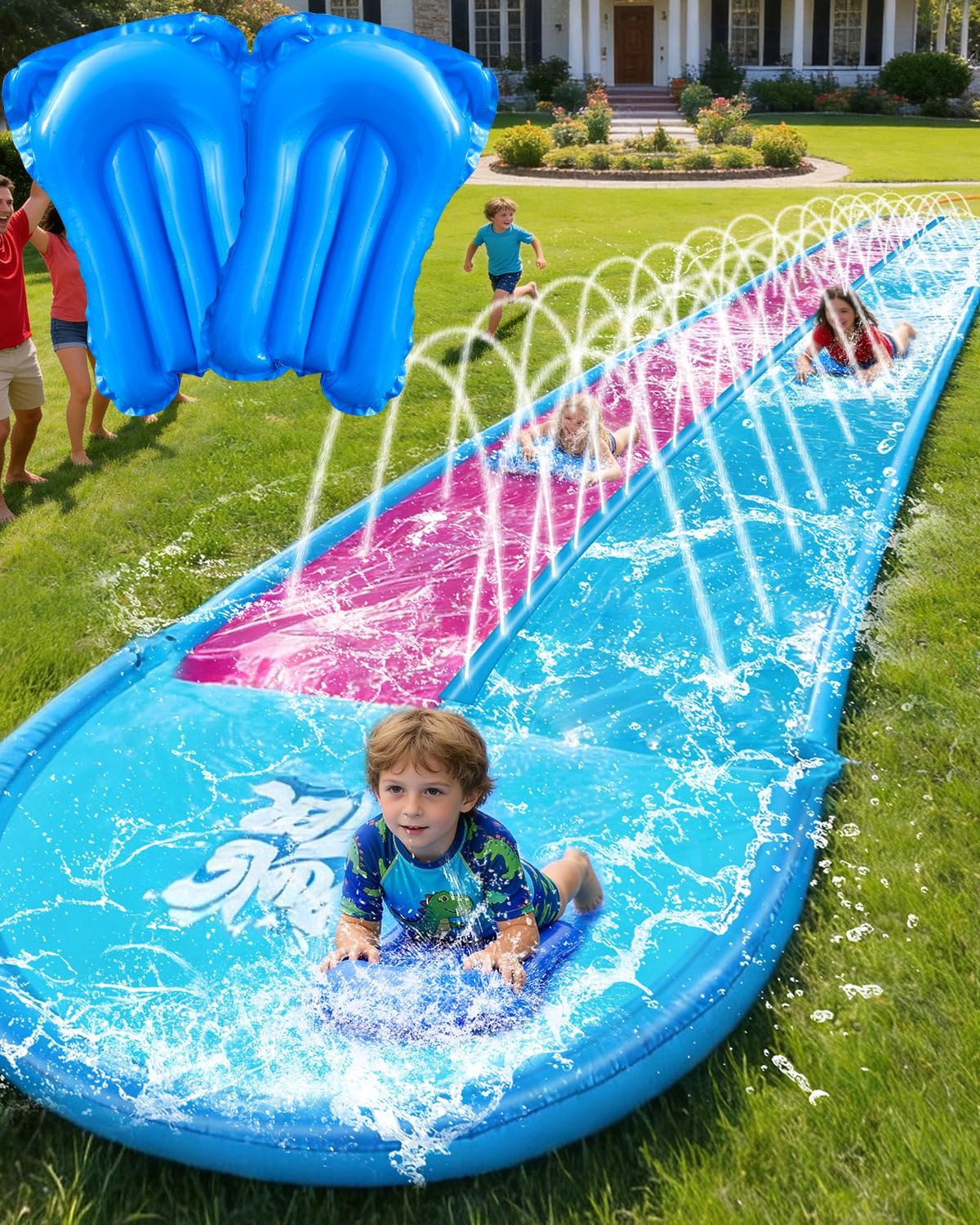 Spring Water 22ft Inflatable Slip and Water Slide for Kids, 2 Racing Lane Giant Slip n Water Slides for Backyard Heavy Duty with 2 Bodyboards, Outdoor Summer Water Toys Funs Sprinkler