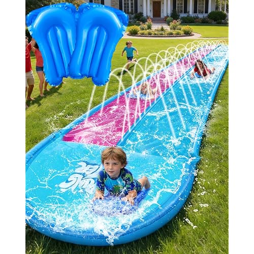 Spring Water 22ft Inflatable Slip and Water Slide for Kids, 2 Racing Lane Giant Slip n Water Slides for Backyard Heavy Duty with 2 Bodyboards, Outdoor Summer Water Toys Funs Sprinkler