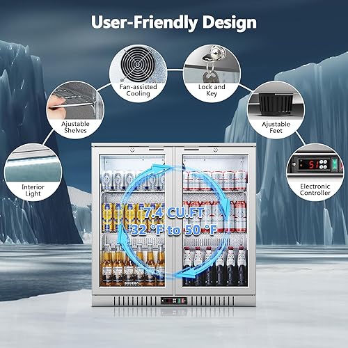 Miniatura 9 de BODEGA BODEGACOOLER - Enfriador de barra trasera con 2 puertas de vidrio, 7.4 pies cúbicos de acero inoxidable comercial con iluminación LED,