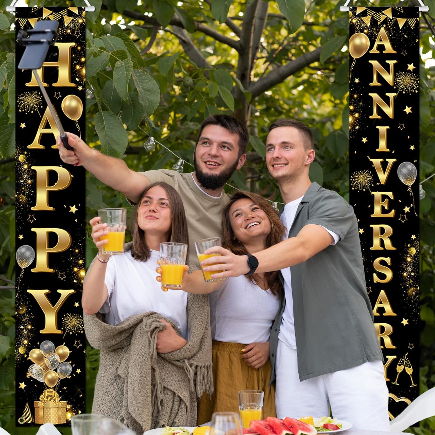Avezano Happy Anniversary Door Banner Black and Gold Anniversary Decorations Wedding Party Banner Decorations Indoor Outdoor