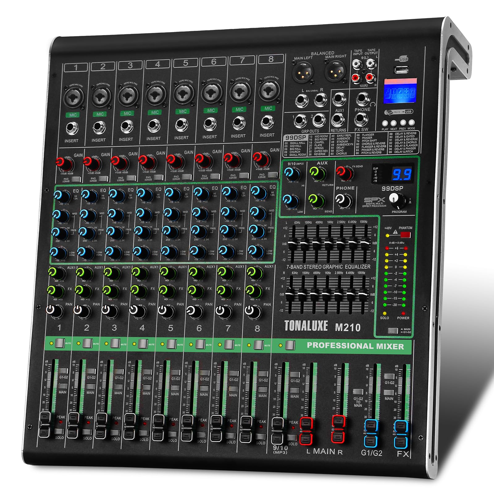 TONALUXE 10 Channel Mixer Audio, Professional Music Sound PA Mixer DJ Mixing Board Console with 99 DSP Effects, Dual 7-Band EQ, Bluetooth, USB Interface, PAD, MUTE Button for Recording Stage Karaoke