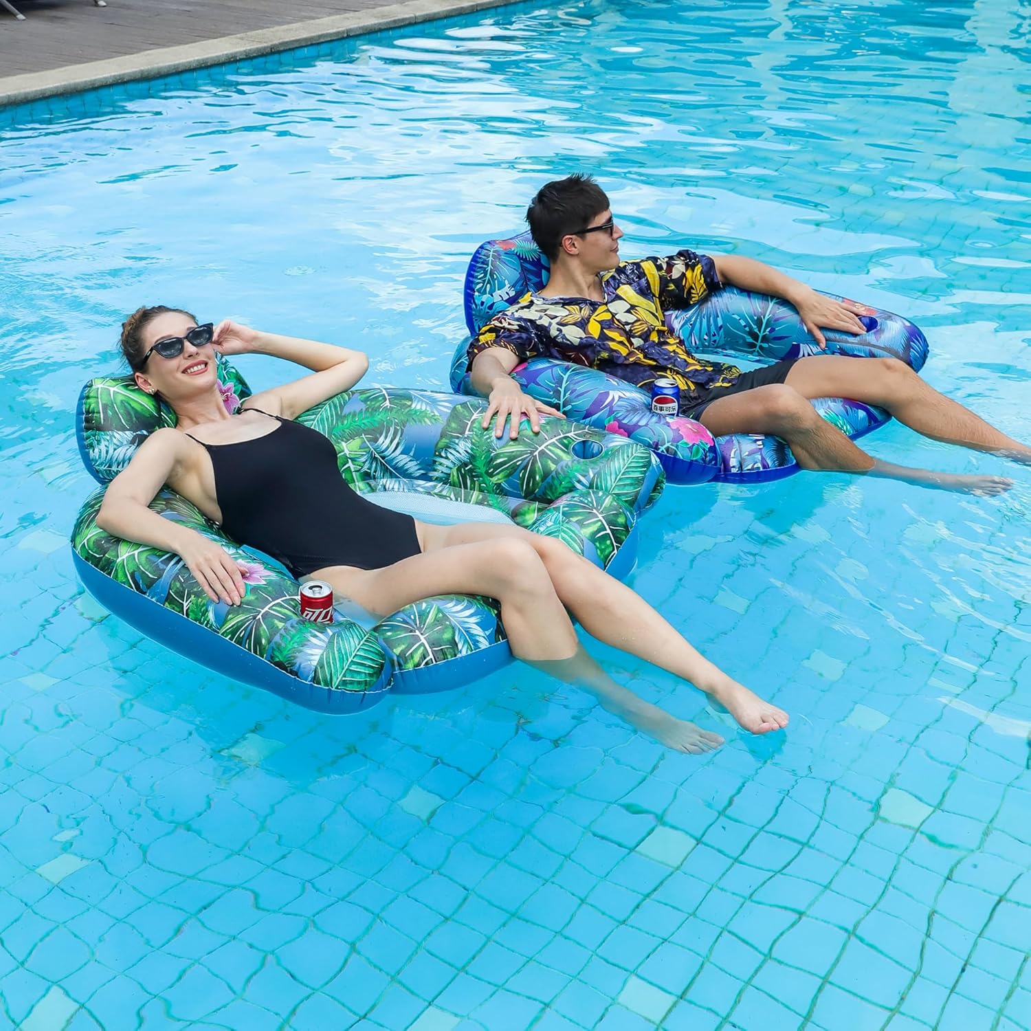 FindUWill Inflatable Pool Float Chair for Adults, 2 Pack X-Large Floating Pool Chairs, Heavy Duty Swimming Pool Lounger Chair with Cup Holder, Pool Floaties Water Toys for Summer Party, Lake & Beach