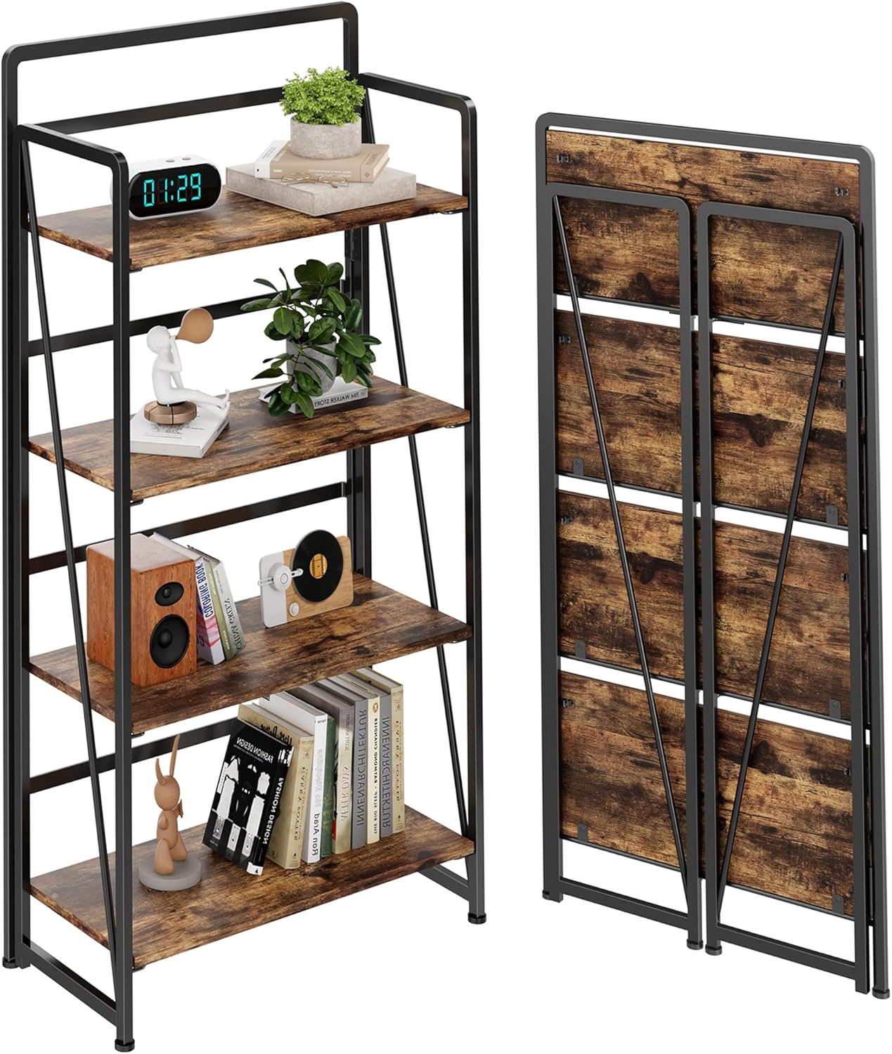 BHG No Assembly Folding Bookshelf for Living Room,Semicircle Collapsible Book Shelf for Home Office, Portable Bookcase Storage Organizer Rack Shelves