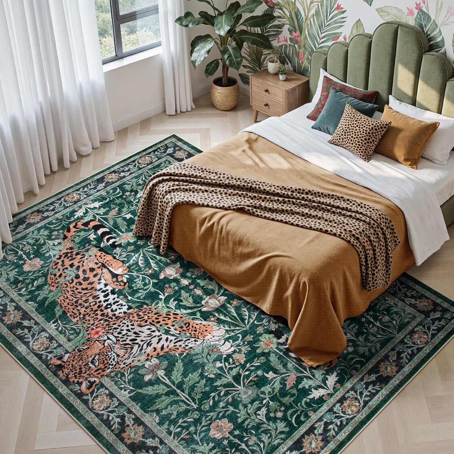 Moynesa Leopard Washable Rugs, 8x10 Area Rugs for Living Room, Soft Large Jaguar 8x10 Bedroom Rug, Non Slip Ultra Thin Floor Carpet for Dining Room Home Office, Green
