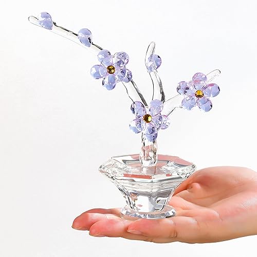 Flores de cristal de cerezo morado con tallos, flores de vidrio con jarrones, cereza japonesa, regalos de decoración para esposa, novia, mujer,