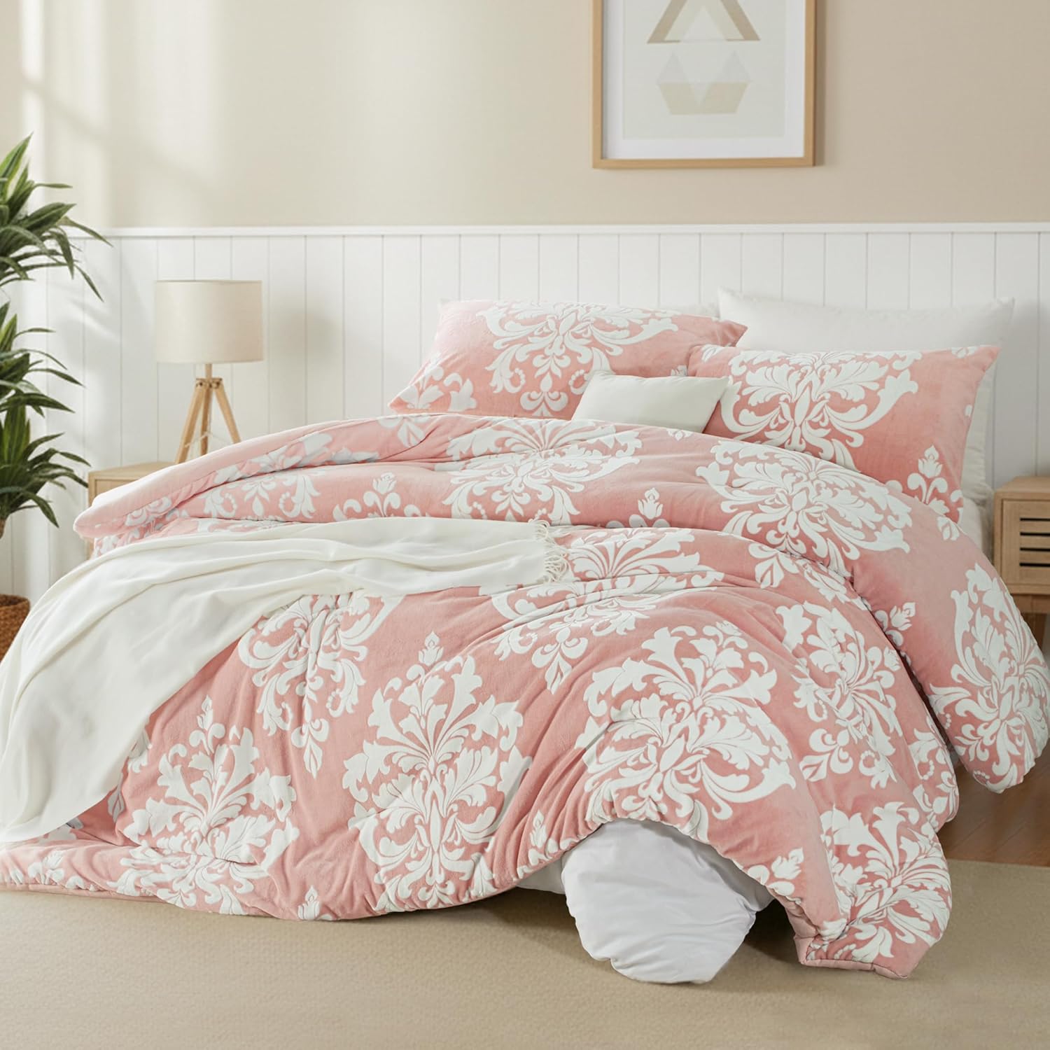 Exclusivo Mezcla Fleece Twin Comforter Set, Soft Fluffy Warm 3D Boho Comforters Twin Size, Luxury 2-Pieces Reversible Fuzzy Bedding Sets for Winter with 1 Pillow Sham, Pink