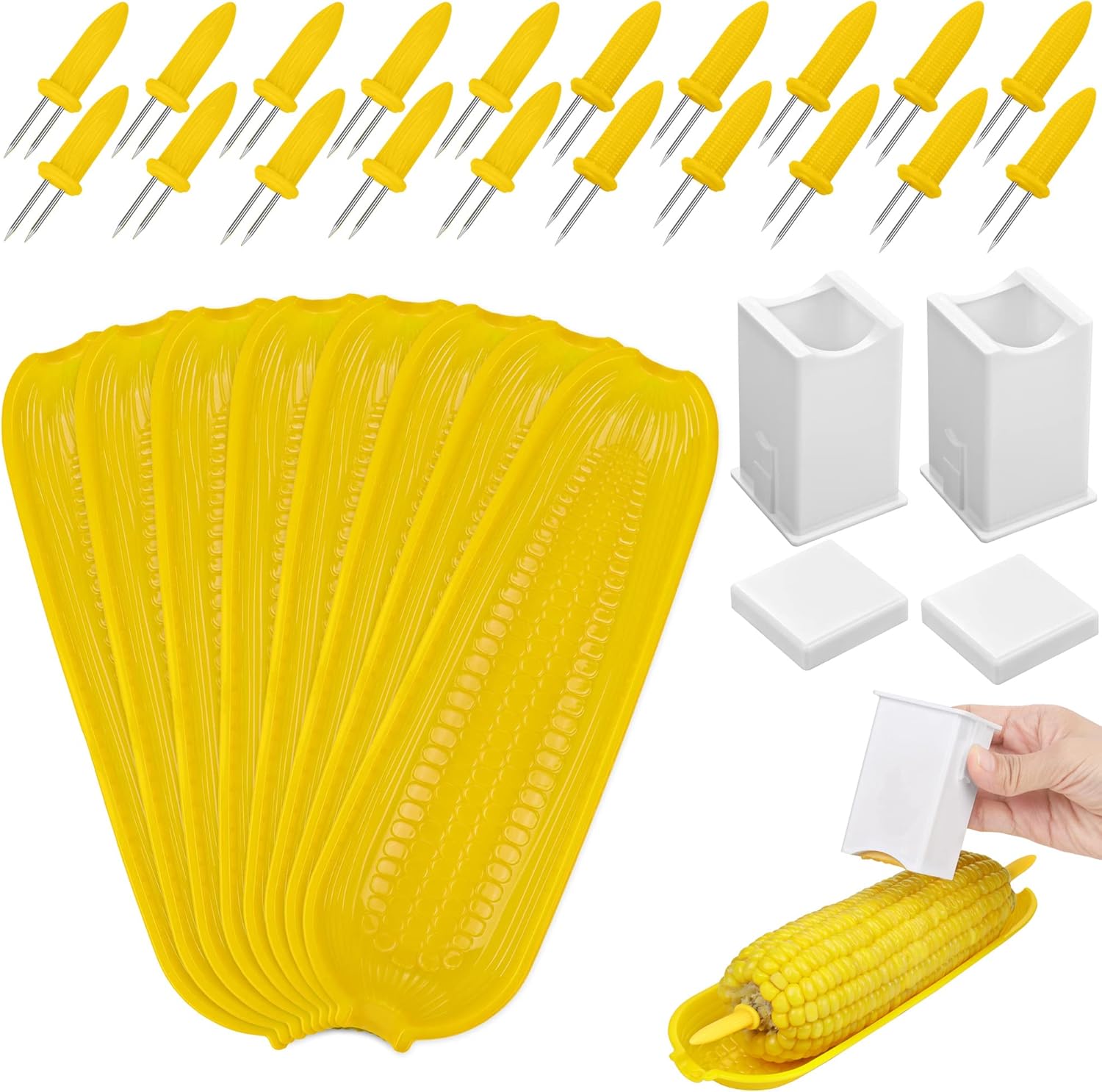 Aodaer 8 Pieces Plastic Corn Dishes and 20 Corn Cob Holders with 2 Corn