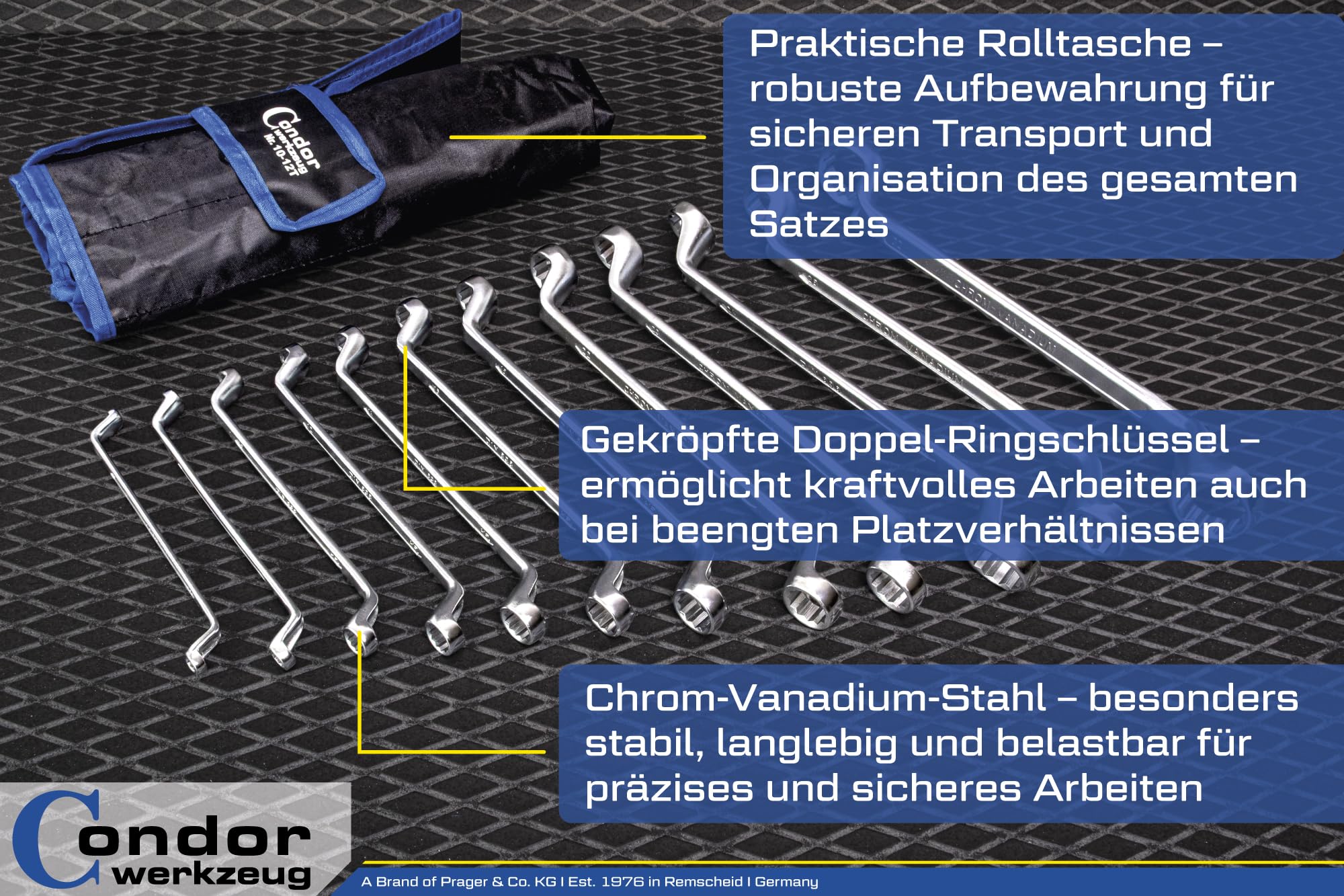 CONDOR Werkzeug 10-12T | Doppel-Ringschlüssel-Satz | 12-tlg. | gekröpft | SW 6 x 7-30 x 32 mm | Chrom-Vanadium-Stahl