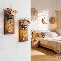 Vista 8 de 2 Pack Wood Glass Wall Sconces, Farmhouse Planters for Indoor Plants, Rustic Decor for Living Room, Hanging Vase (Brown)