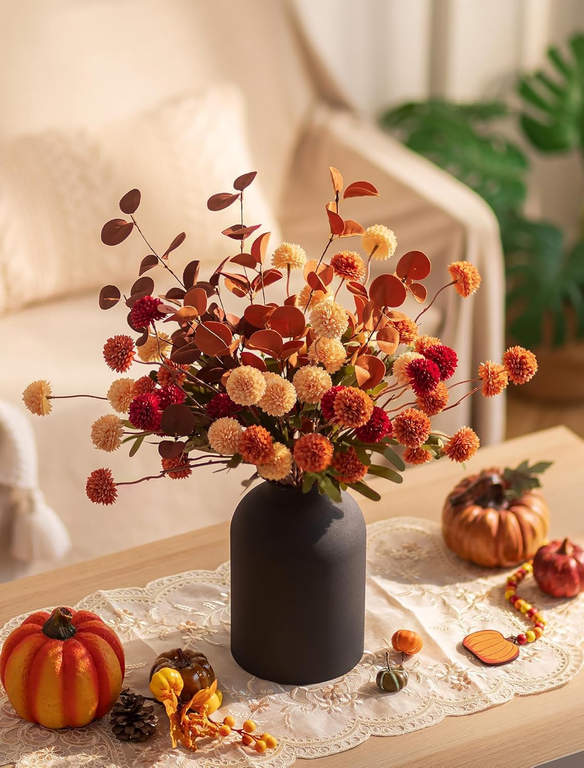 BLOSMON Flower Centerpiece Table Decorations: Metal Vase with 12 Stems of Fake Mums Kiku Flowers Eucalyptuses for Home Dining Room - Burnt Orange Artificial Pom Poms Floral Arrangement in Vase - Image 3