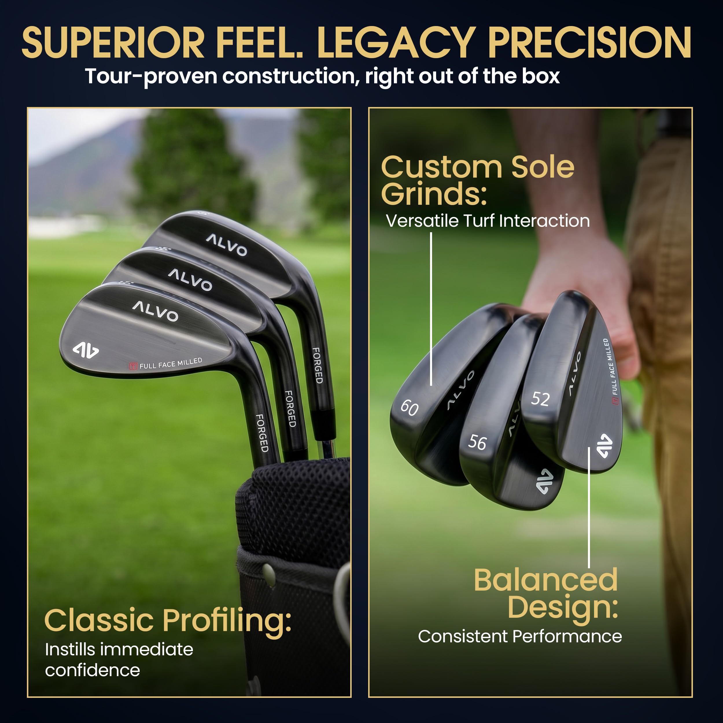ALVO GOLF Tour-inspiriertes Premium-Golfkeil-Set – 3 Golfkeil-Set, 52 56 60 Grad Keil, Spaltkeil * Sandkeil * Lob Wedge Golfschläger für Herren, rechte Hand – Premium Tour Grip enthalten – CNC-gefräst