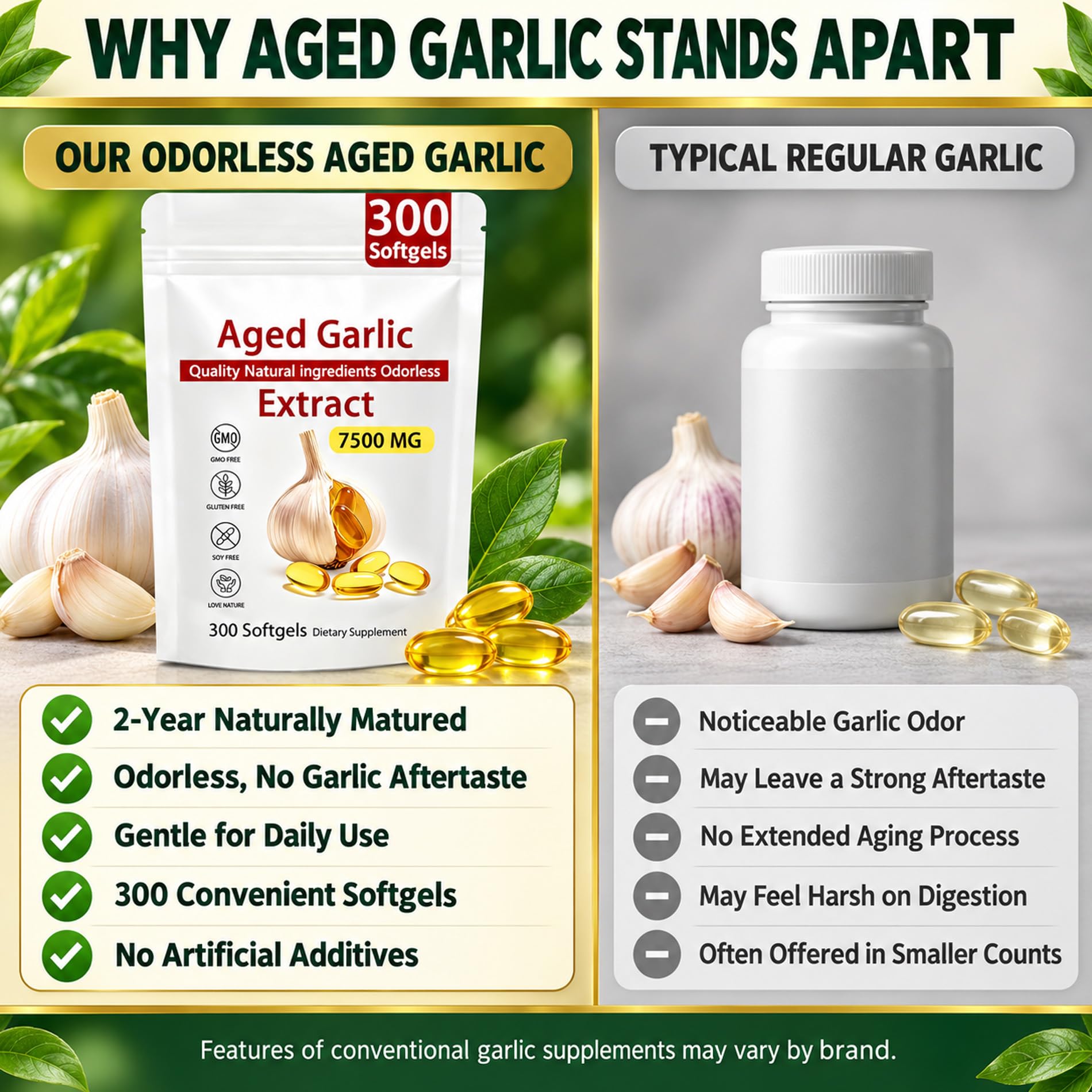 Odorless Aged Garlic Extract Softgels – 300 Count Garlic Supplement for Heart & Immune Support – Non-GMO, All-Natural Softgels, 2-Year Matured for Antioxidant Wellness (1) — Amazon image 5
