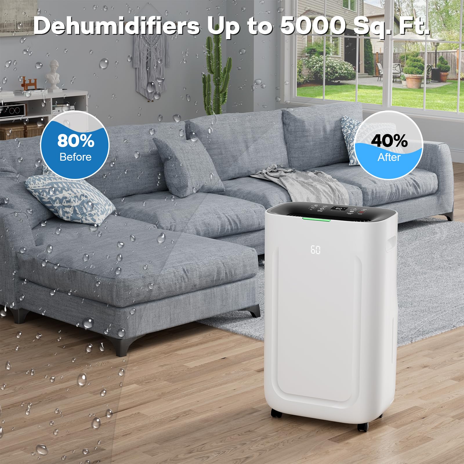 5000Sq.Ft Dehumidifier 50-80 pint for Basement and Home with Drain Hose and 1.71 Gal Water Tank, Humidity Control, 24H-Timer, Auto Defrost