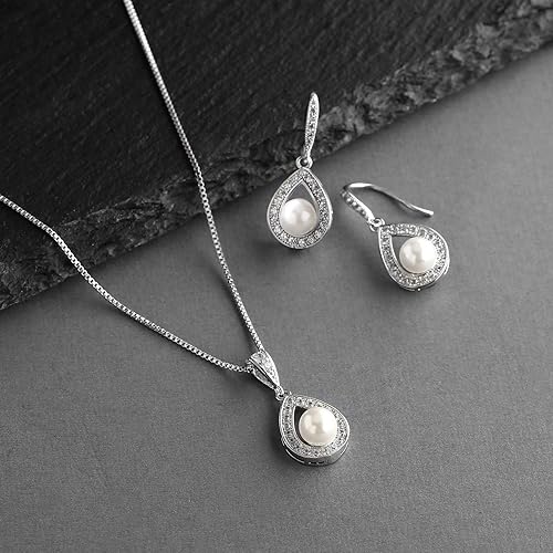 Miniatura 6 de Mariell Collar de perlas y aretes de gota para novias, damas de honor, regalo de cumpleaños