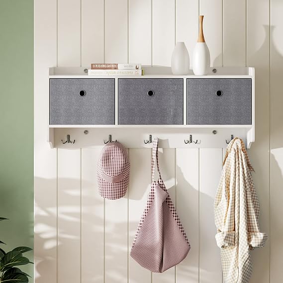 Mondeer Wall Coat Rack with Shelf Coat Rack with 3 Baskets and 5 Hooks Wood Fashion Style for Entrance Hallway Bedroom Living Room W 98 x H 40 x D 22 cm White