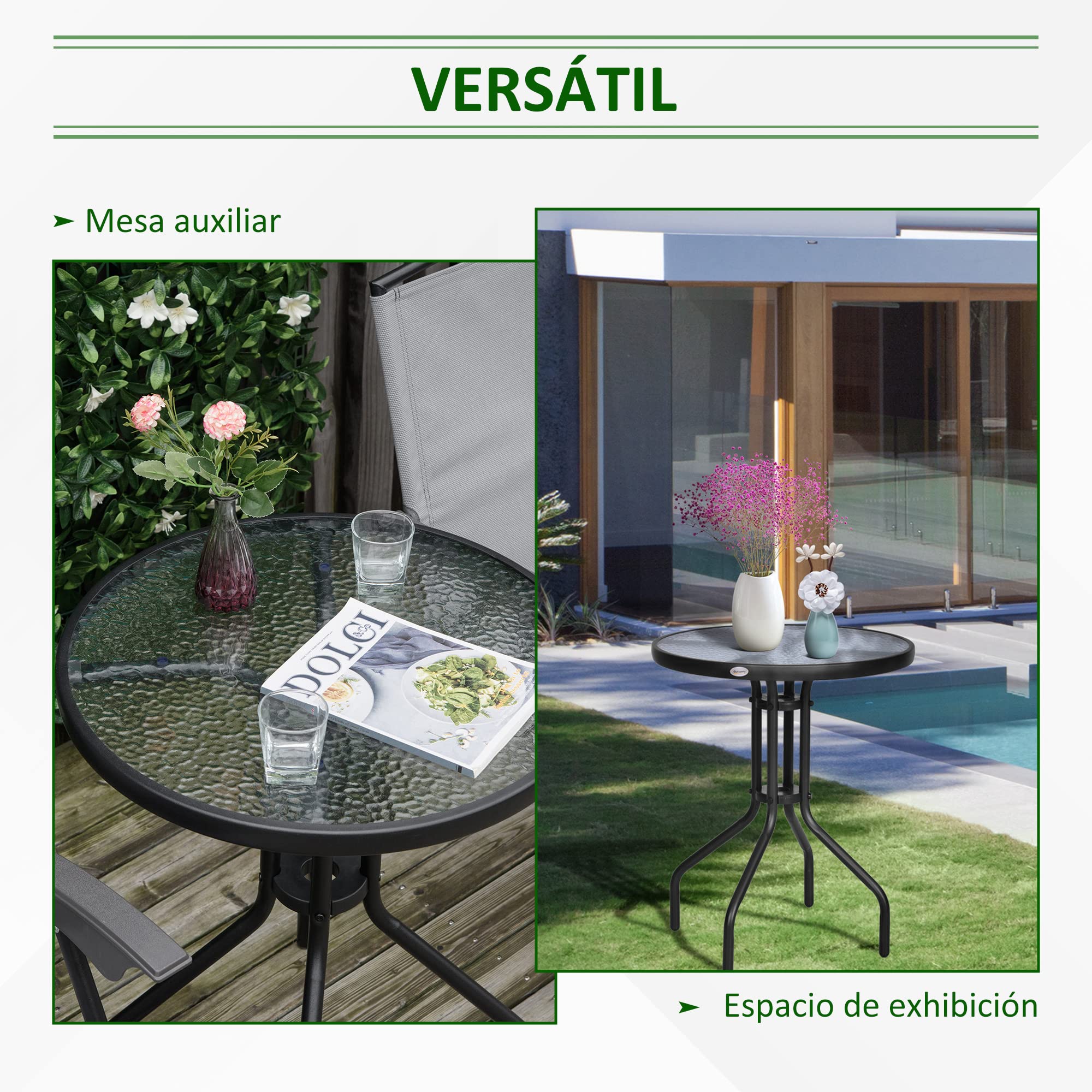 Outsunny Mesa de Jardín Redonda con Encimera de Vidrio Templado Decorativa y Marco de Metal para Patio Terraza Balcón Comedor Ø60x70 cm Negro