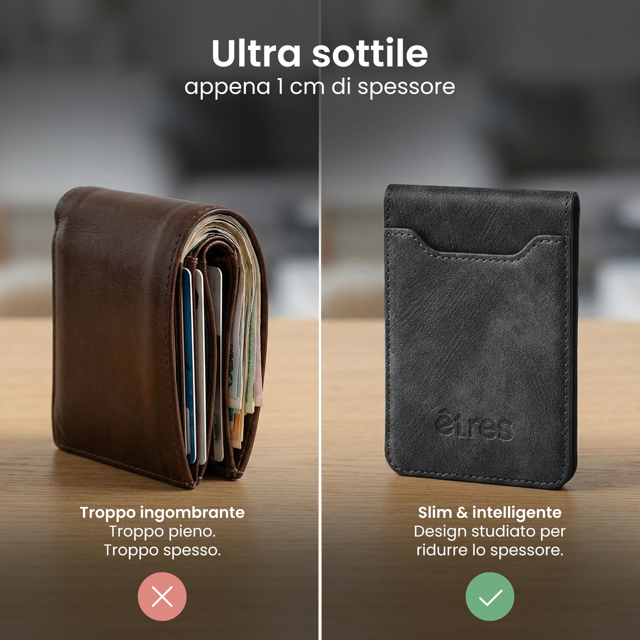 Porta Carte di Credito Schermato - Modello Deux - Fino a 7 Carte, Protezione RFID - Portacarte MagSafe Compatibile, Anello Magnetico Incluso - In Pelle Vegana (NERO)