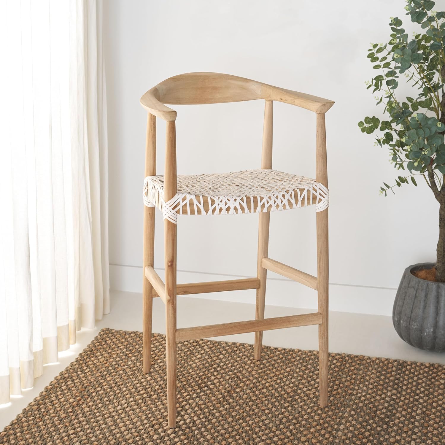 Safavieh Home Bandelier Scandinavian Brown Teak and White Leather 29-inch Bar Stool