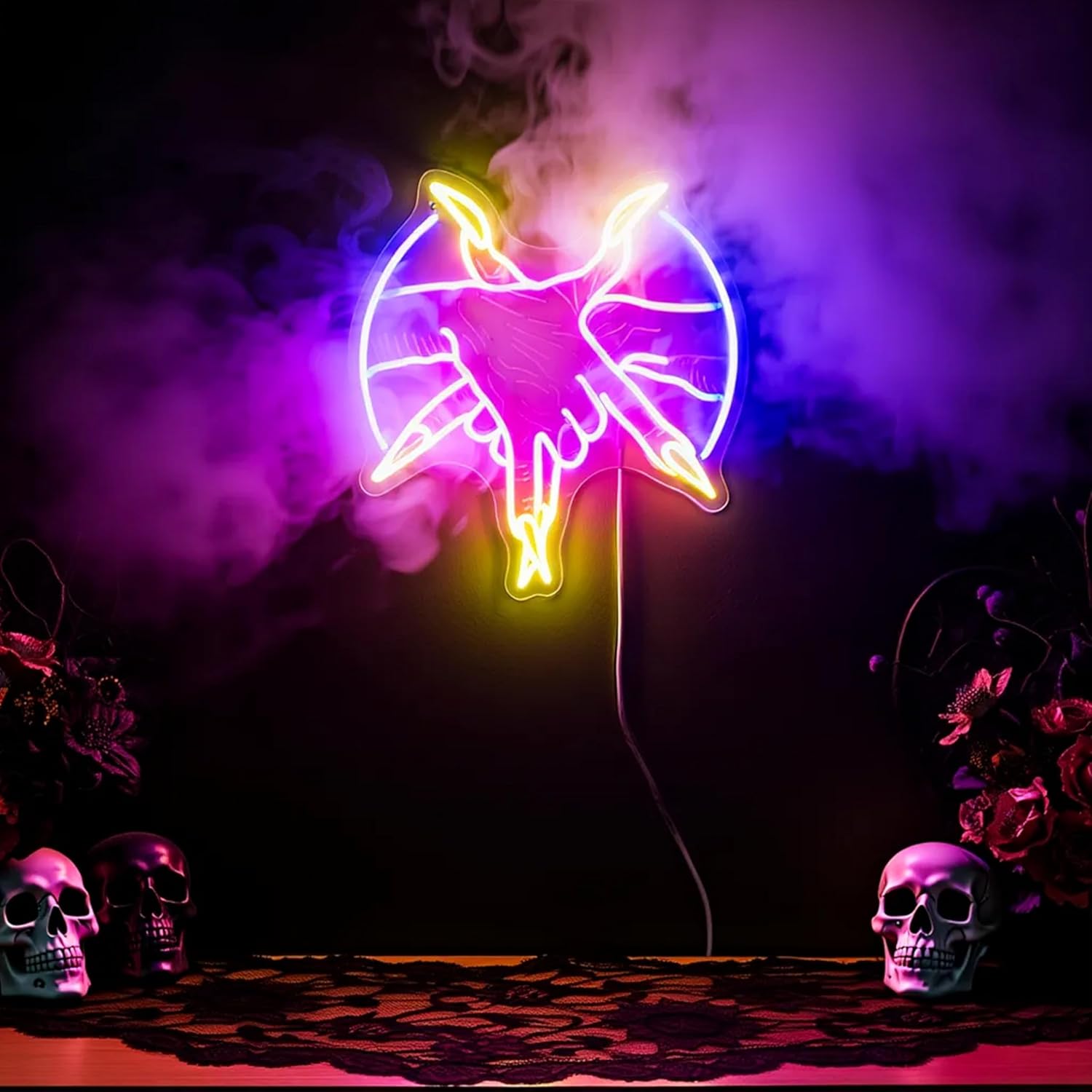 Baphomet Hand Neon Sign 14" Satanic Goat Head Hands LED Light Gothic Occult Wall Decor for Witchy Room & Home Altar Dimmable USB Powered Aesthetic Art