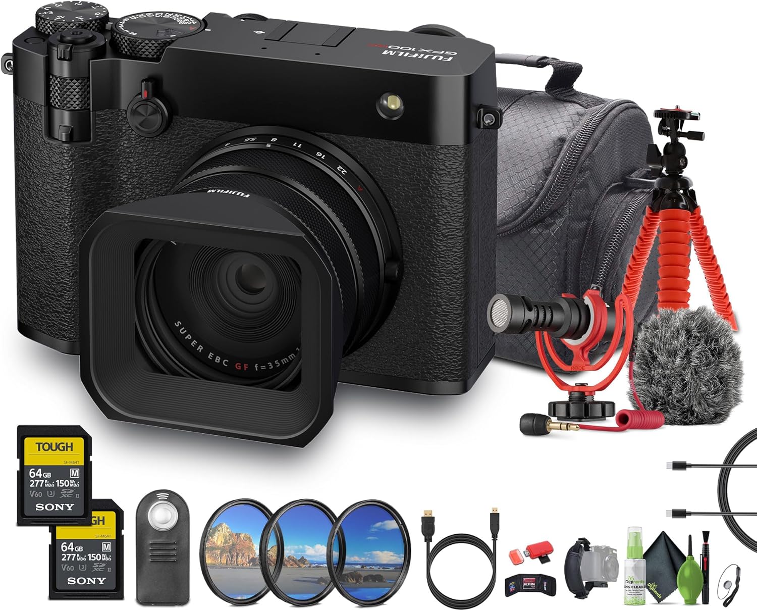 FUJIFILM GFX100RF 102MP Large Format Mirrorless Digital Camera, Powerful Compact Rangefinder Style, 4K/30p Video, 35mm F4 Lens, Built-In ND Filter, 20 Film Simulation +2x 64GB Memory Card +More- Black