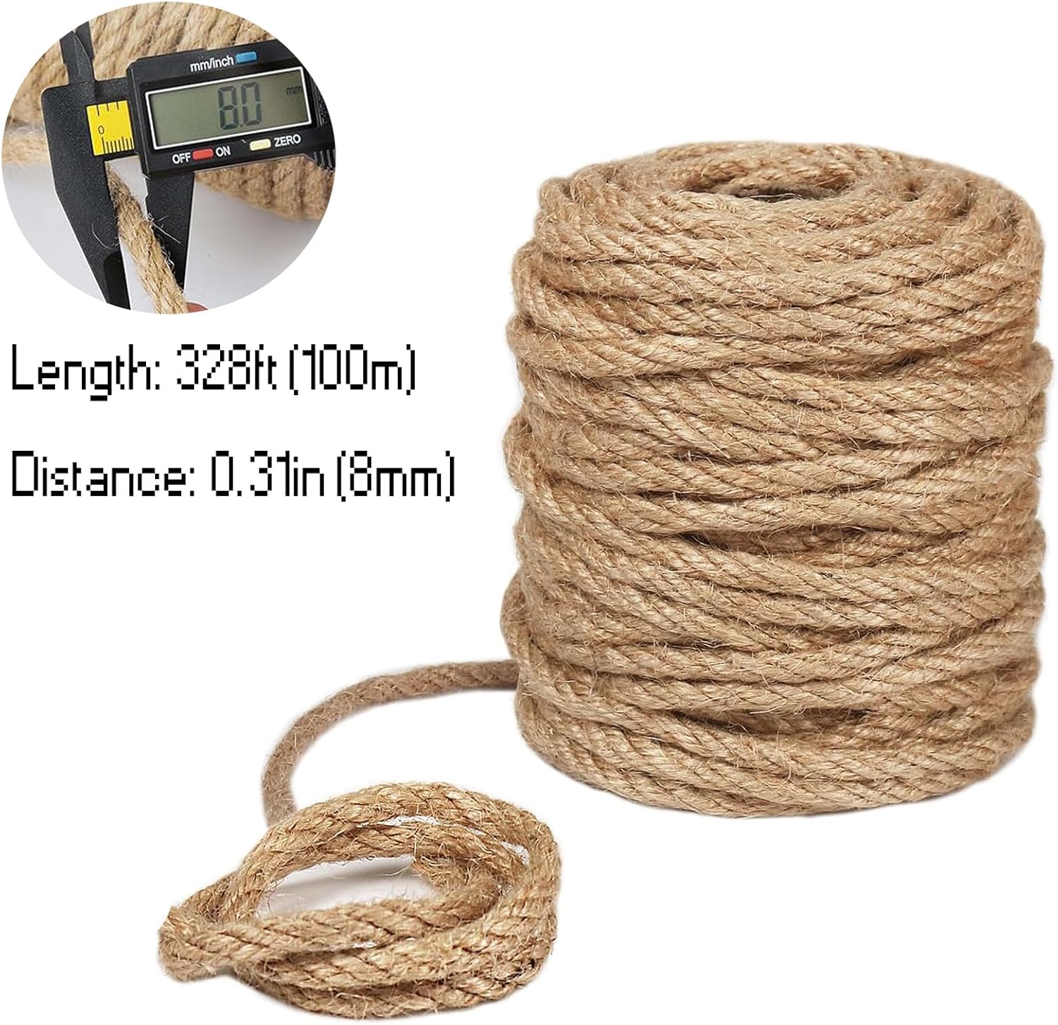 Strong and durable natural jute rope, 328 feet (100 meters) long, 0.31 in (8 mm) in diameter, Jute Twine