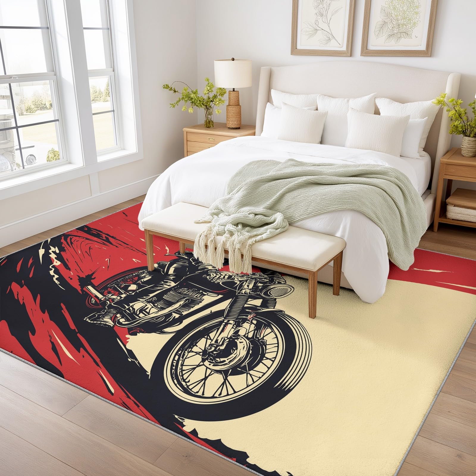Generisch Nadający się do prania dywan, komiks, motocykl, 120 x 160 cm, dynamiczny trupia czaszka, motocykl, do salonu, miękki, antypoślizgowy, z krótkim włosiem, do sypialni, jadalni