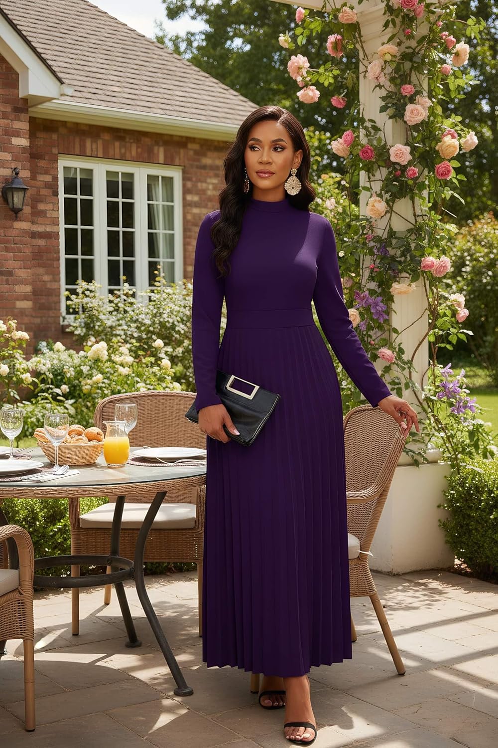 Nmoder Maxi Long Dress for Women, Casual Pleated Empire Waist Dresses Crewneck Long Sleeve - Image 4