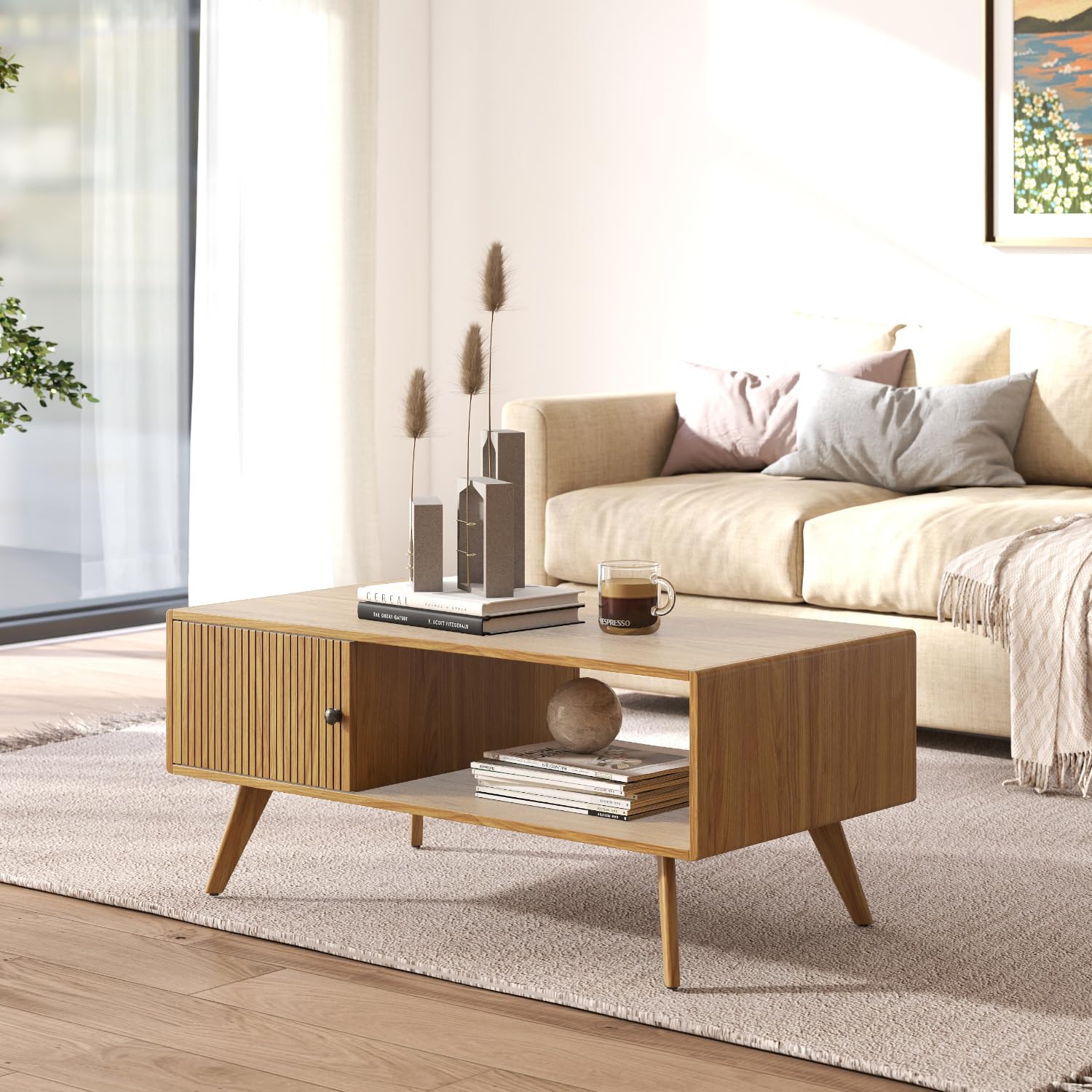 Manora Mesa de Centro con Almacenamiento, Mesa de Salón Rectangular, Patas de Madera Maciza, Mesa Auxiliar Moderna para Salón, Balcón, Oficina, 105 x 45 x 55cm, Roble