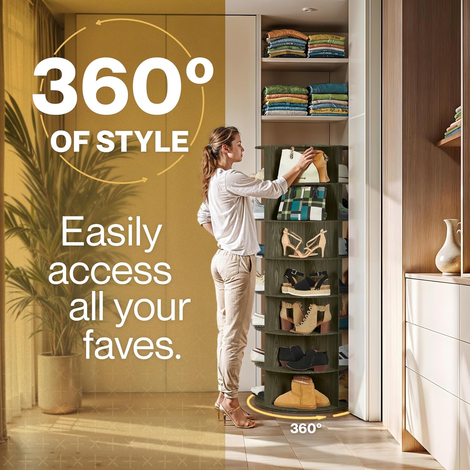 loft + ivy 7 tier rotating shoe rack tower – 360° spinning storage organizer, modern round shoe carousel for closet, entryway, bedroom – space saving rotating lazy susan storage tower dark brown