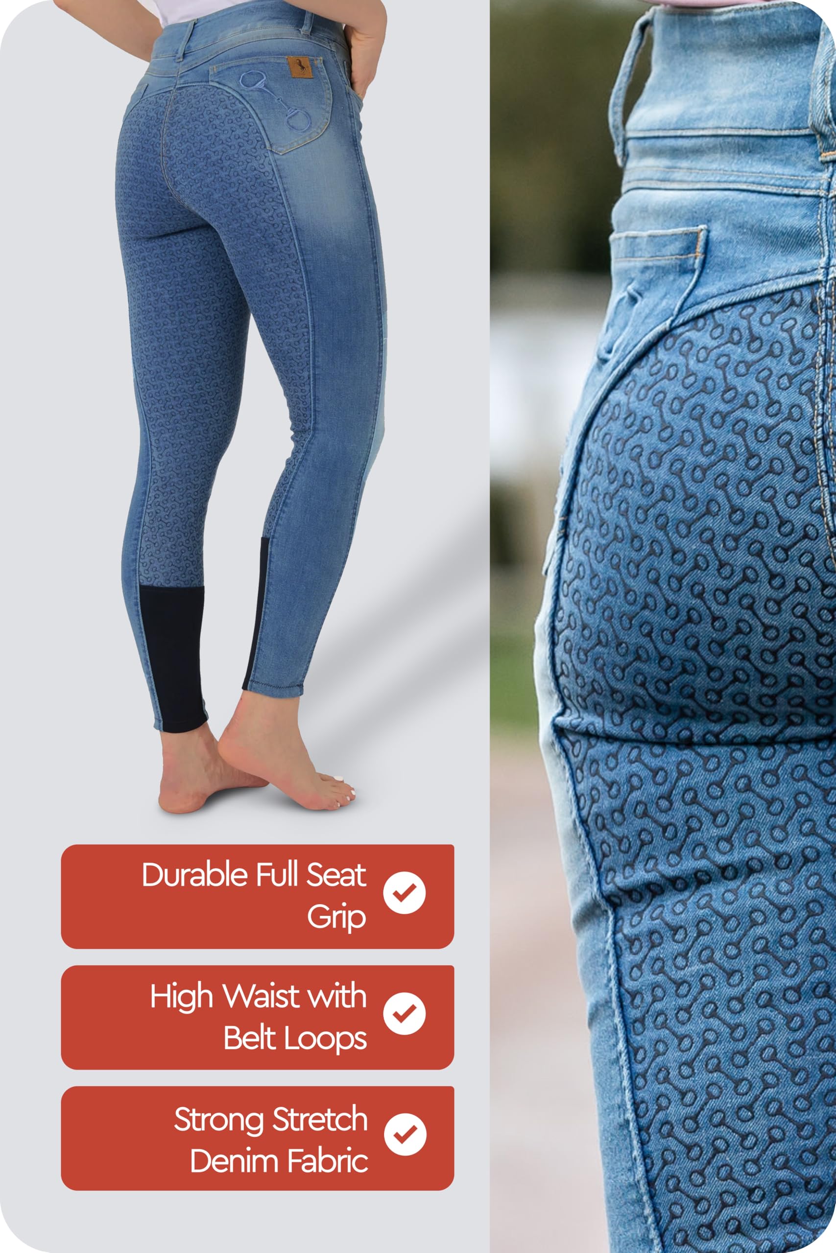 HORZE Pantalones de Montar Vaqueros con Cintura Alta de Asiento Completo de Silicona para Mujer Kaia