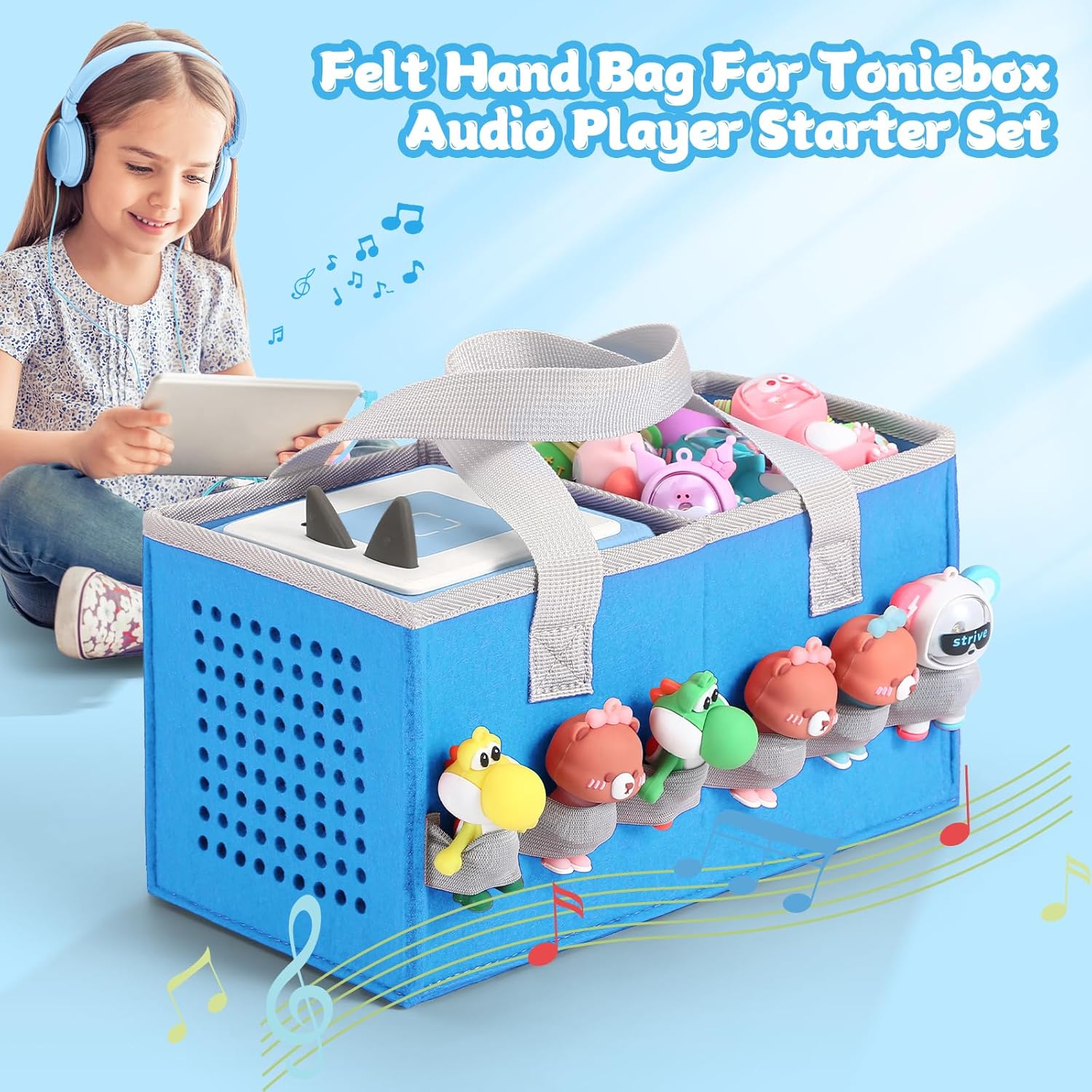 Carrying case for Toniebox Audio Player and Figurines Starter Set,Felt Organizer Bag,Travel for toniebox 2 Earphone and charger accessories portable bag (Blue) - Image 5