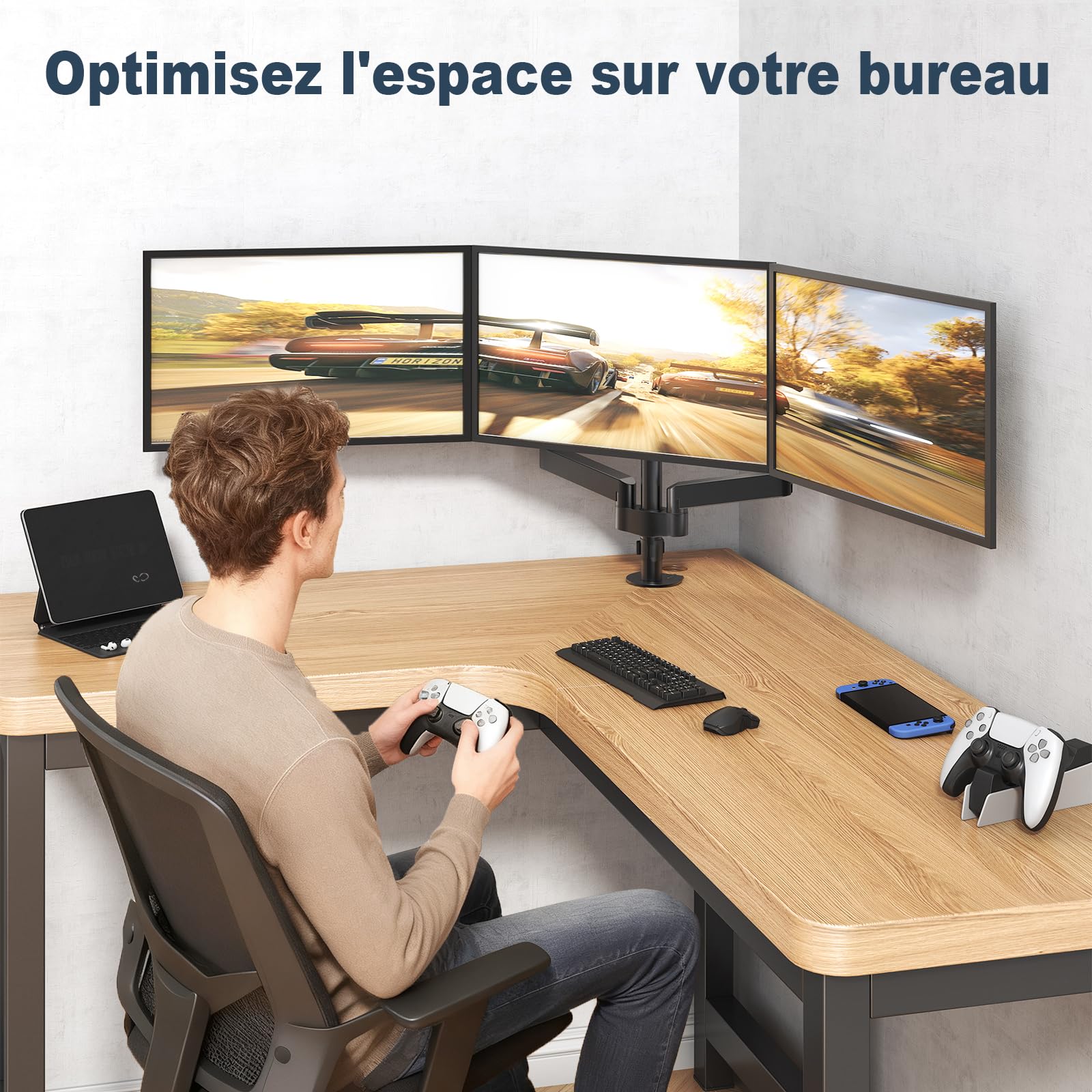 WORLDLIFT Support Ecran PC 3 Ecran, Premium Bras Articulé Ressort pour Triple Ecran 17-27", Hauteur Réglable Inclinaison Pivot et Fixation Bureau, Bras Supporte 7 kg, VESA 75/100mm