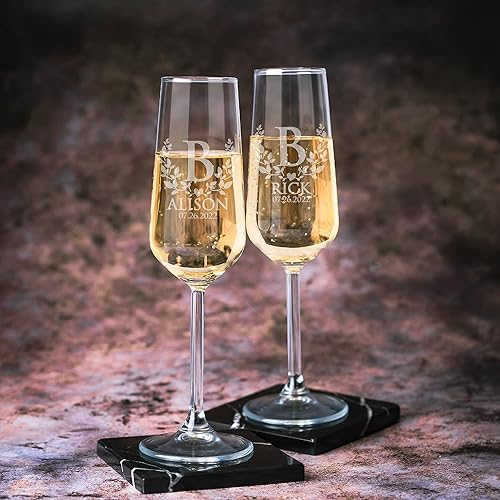 Miniatura 7 de Juego de 2, copas de champán para novia y novio, copas de champán de boda personalizadas con nombres, fecha de boda con hojas y corazón, flautas de