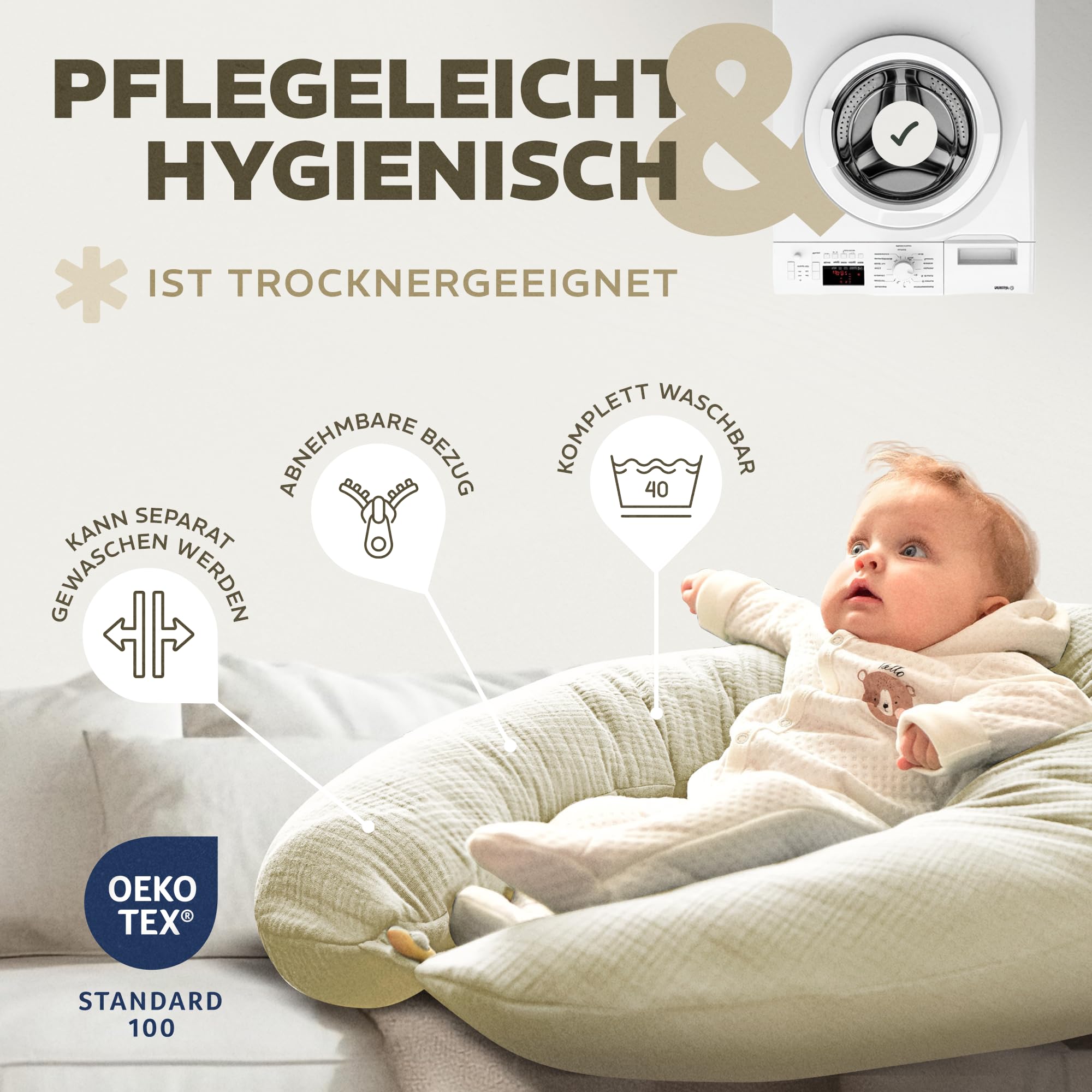 Sei Design Coussin de Grossesse XXL 190x30 avec Housse en Mousseline Ergonomique – Coussin de Maternité, Coussin d'allaitement Confort pour Femme Enceinte, 100% Coton Bio