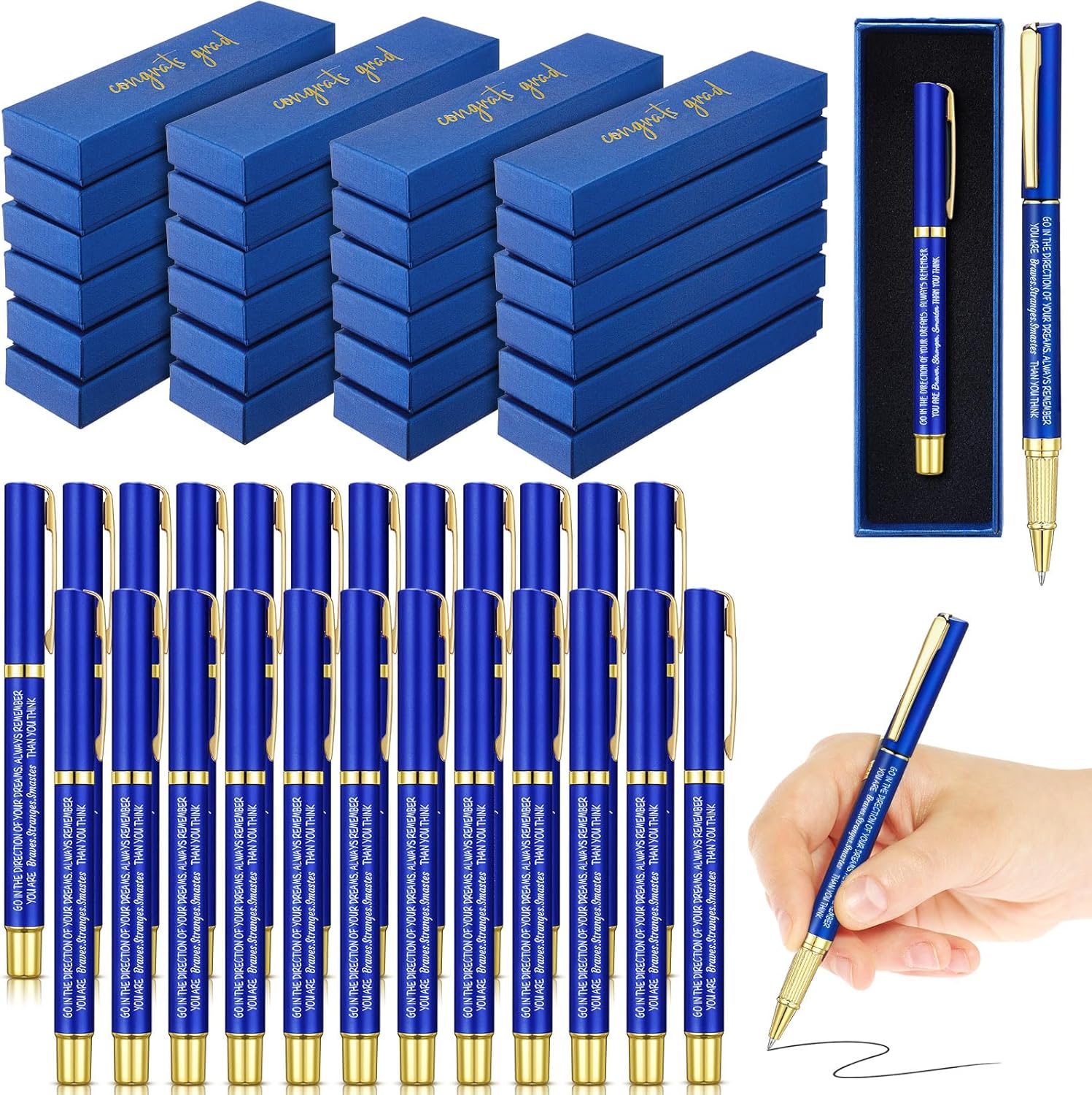 24 Set Class of 2026 Graduation Gifts Bulk Inspirational Congrats Grad Ballpoint Pen with Gift Boxes Engraved Motivational 2026 Graduation Gifts for Senior College Students(Blue)