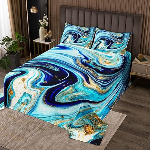 Erosebridal Juego de ropa de cama abstracta azul marino, tamaño King, diseño de acuarela de mármol, juego de colcha de roca marmolada con purpurina, Erosebridal Juego de ropa de cama abstracta azul marino, tamaño King, diseño de acuarela de mármol, juego de colcha de roca marmolada con purpurina,