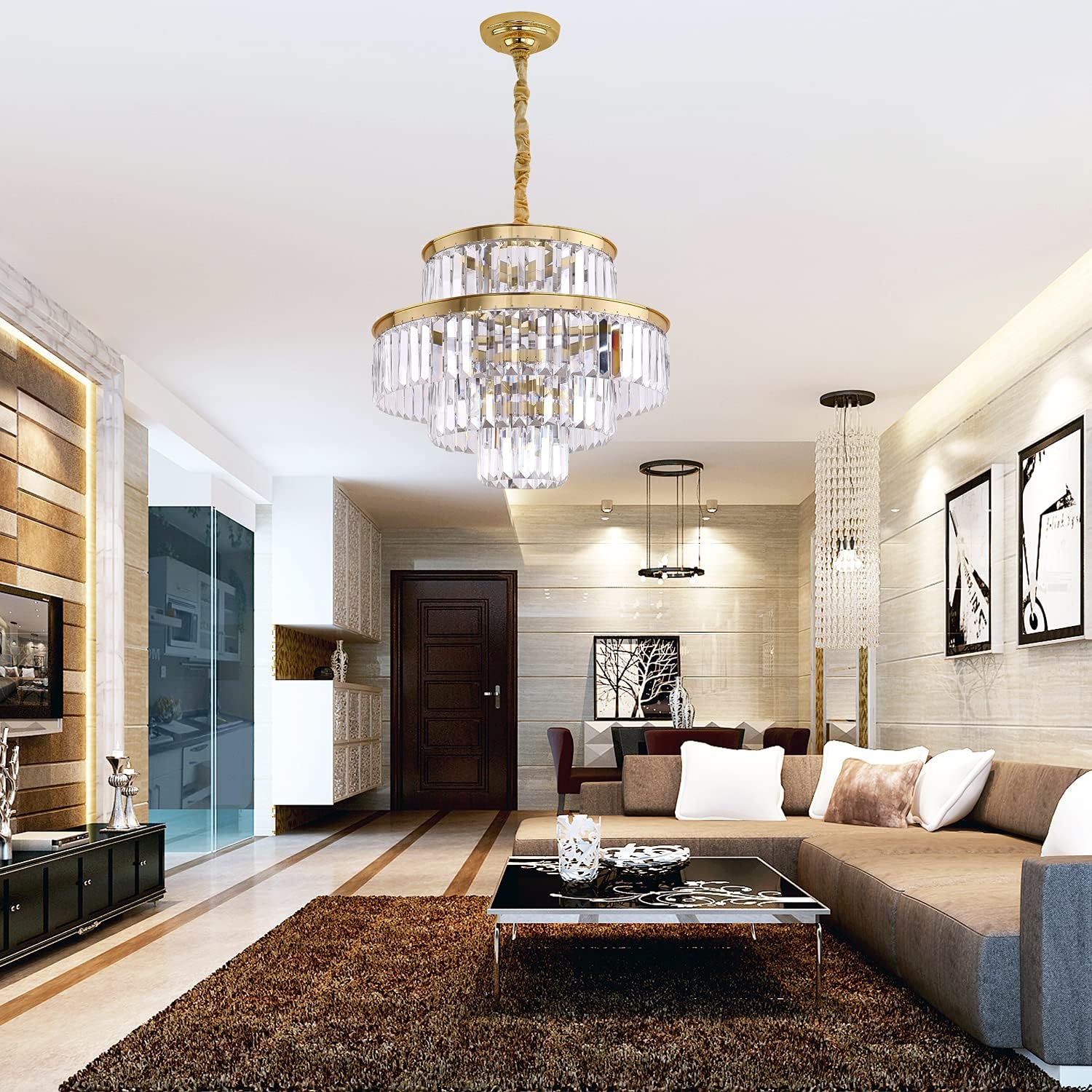 GMlixin Modern Crystal Chandelier Light Pendant Ceiling Lamp 4-Tier Chandeliers Lighting Fixture for Dining Living Room Foyer Hallway 6-Lights Gold (Dia 20 Inch) : Everything Else