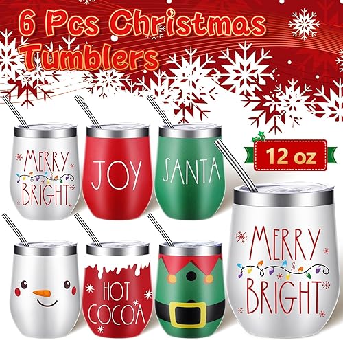 Miniatura 3 de 6 vasos de vino de acero inoxidable de Navidad de 12 onzas, vaso de vino aislado divertido con tapa, popote y cepillo, tazas de vino aisladas para