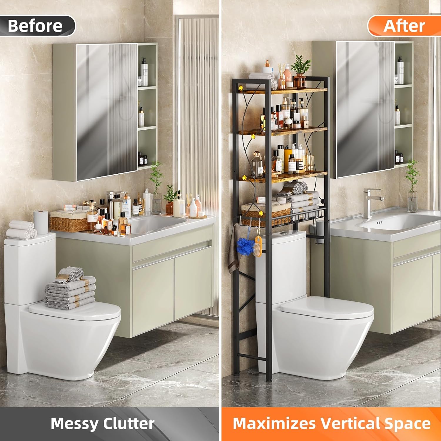 Over-The-Toilet Storage Rack, 4-Tier Bathroom Organizer Shelf Over Toilet with Adjustable Shelf and Basket, Freestanding Space Saver Bathroom Shelves Above Toilet for Room (Rustic Brown) - Image 5