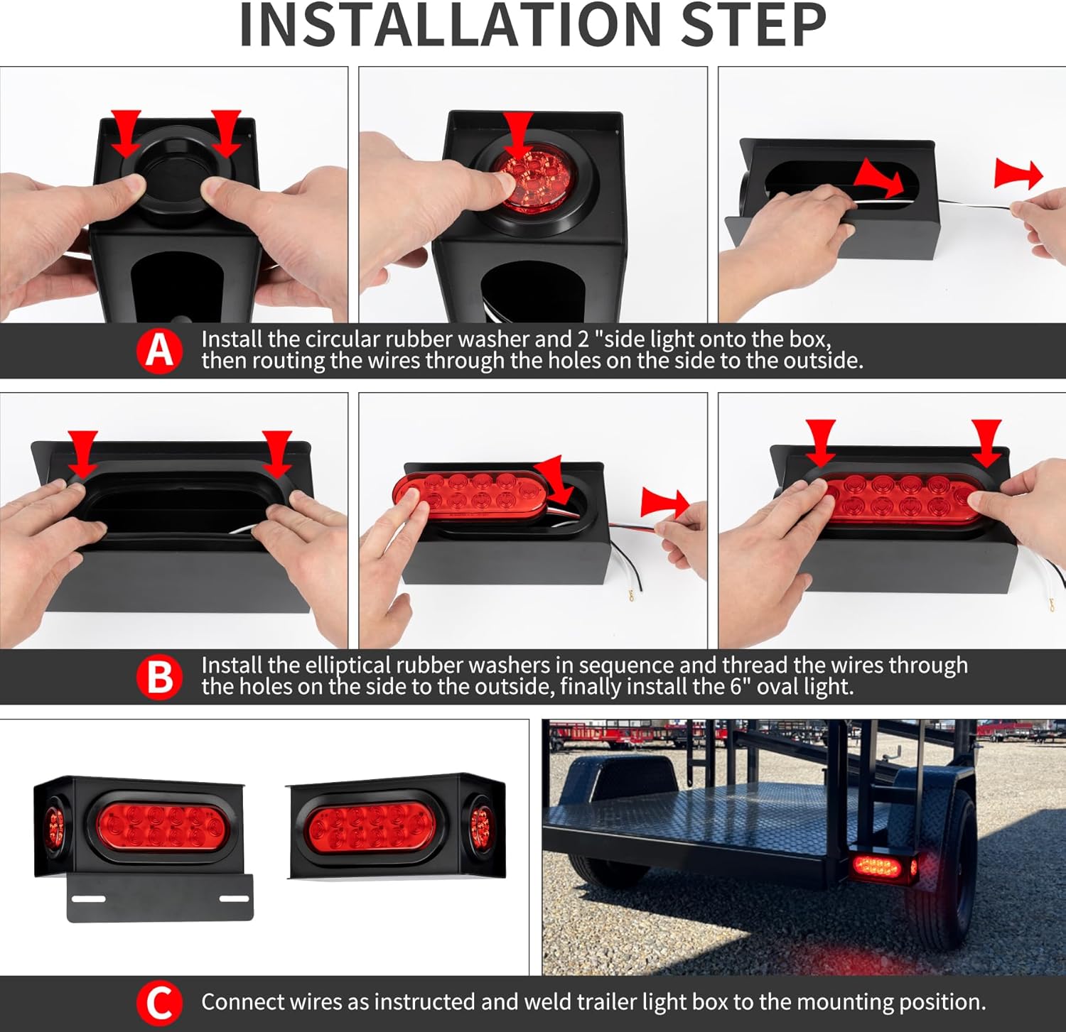 2PCS Steel Trailer Light Boxes Housing Kit with 6-Inch Oval LED Tail Lights (10LED) and 2-Inch Round LED Side Marker Lights (9LED), Grommets & Wire Connectors Included (RED+RED)