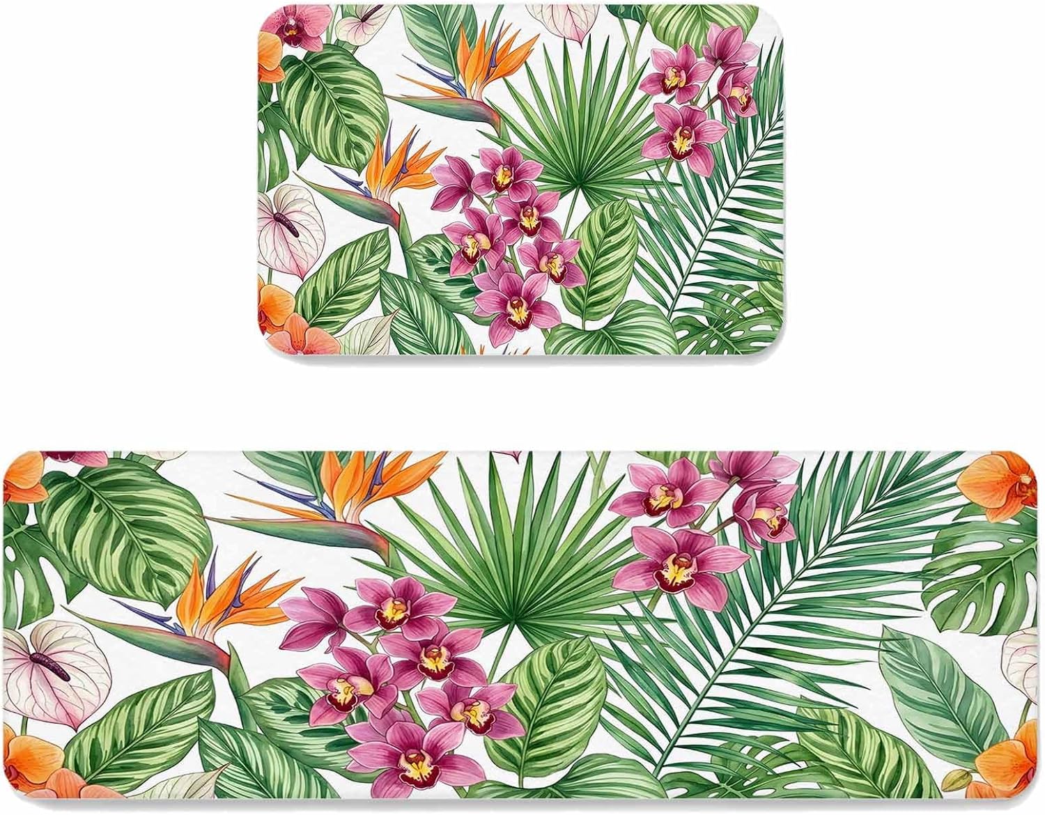 Prime Leader Flower Leaf Kitchen Mat Set 2 Pieces Summer Tropical Pink Orange Floral Green Leaf Non Slip Kitchen Rugs Washable Runner Rug Mats for Floor Sink Laundry Office 19.7" x 31.5"+19.7" x 63"