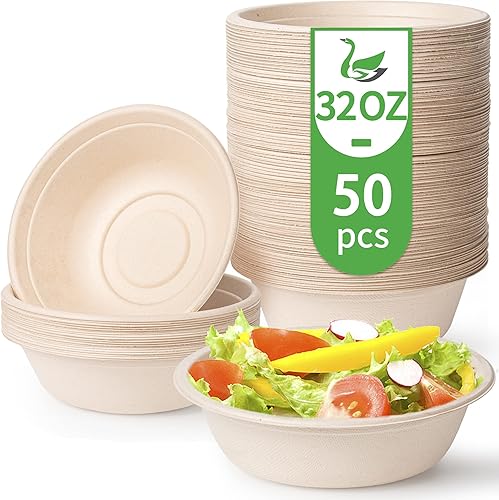 Cuencos de papel desechables, 32 onzas paquete de 50 Tazón grande - 100% compostable, biodegradable, ecológico, conveniente para el uso diario para