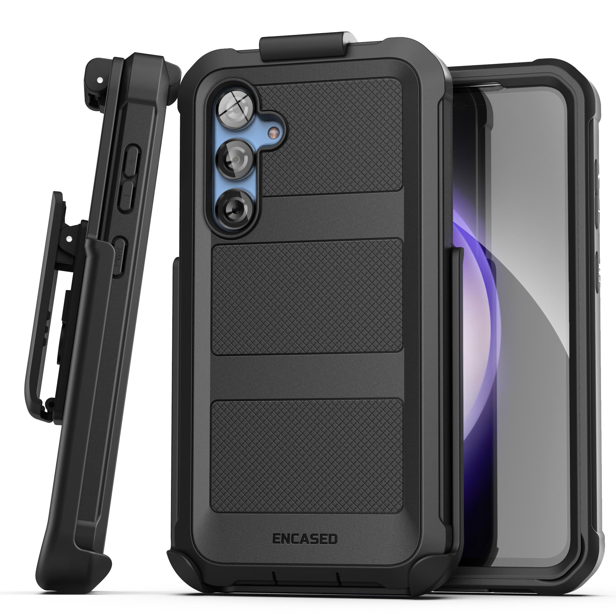Encased Falcon Designed for Samsung Galaxy S23 FE Case with Screen Protector and Belt Clip Holster - Protective Full Body Case (Black)