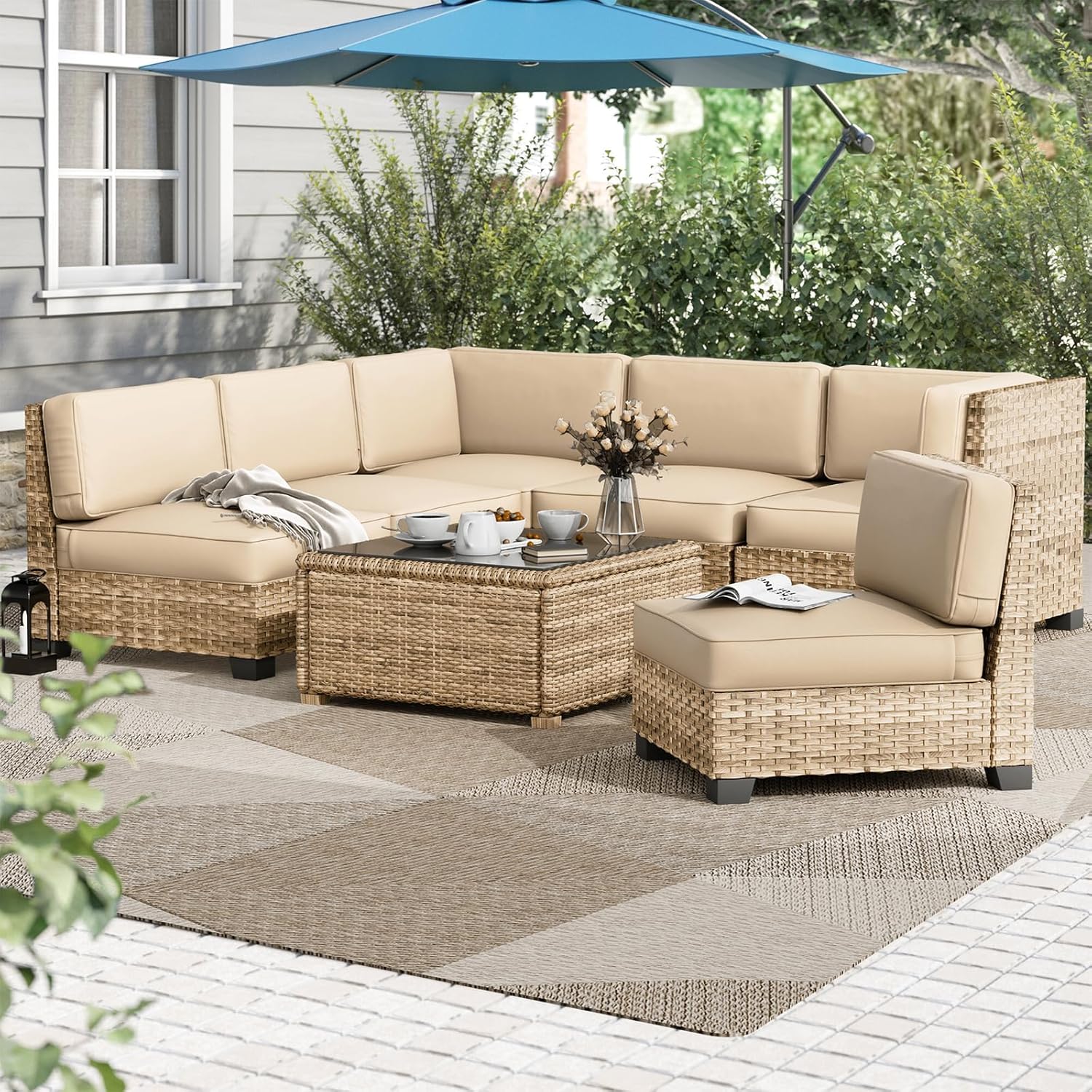 Outdoor Patio Replacement Furniture Cushions, Water-Repellent Outdoor Cushions Replacement for Sectional Patio Conversation Sets, 14-Piece Cushions Set for 6-Seat Outdoor Couch(Khaki)