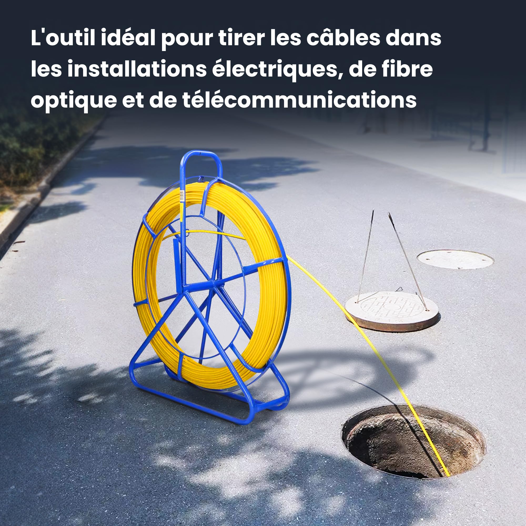 Extralink FRP Tige en fibre de verre, 8 mm de diamètre, 75 m, tube vide avec porte-rouleau et frein, ressort de traction à haute élasticité et résistance, accessoire de câble en fibre de verre pour
