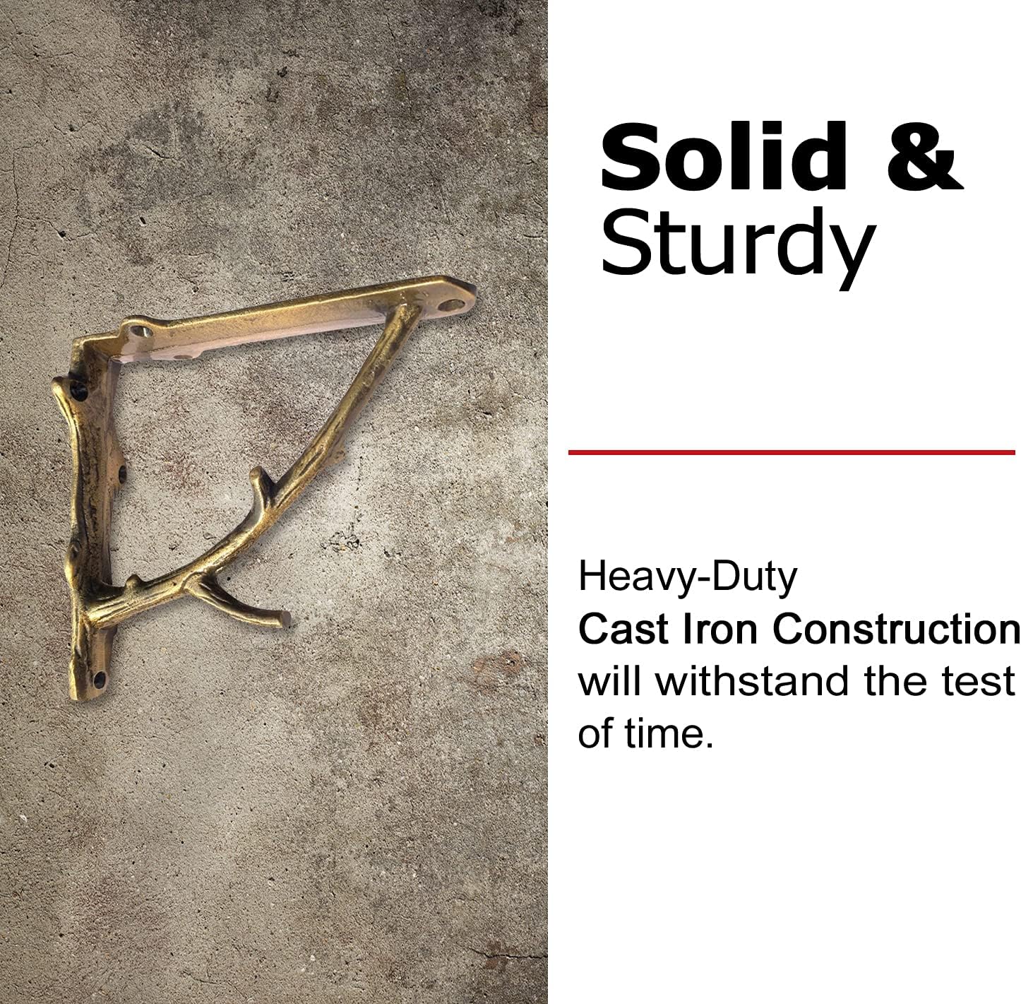 NACH Decorative Shelf Brackets, 2 Pack of 7 x 2 x 7.3 inch, Gold Finish Cast Iron Rustic Shelf Brackets - Metal Shelf Brackets for Wall - Tree Branch Shelf Bracket