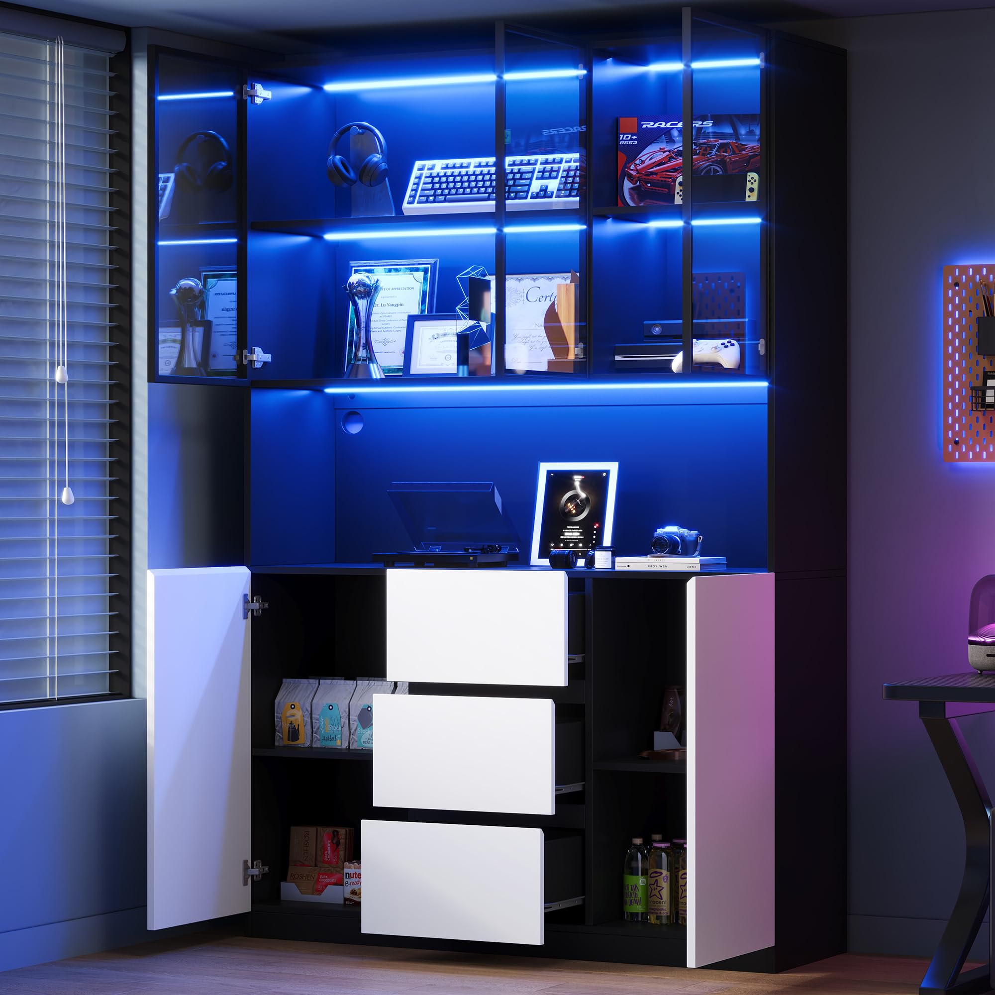 Dolamaní Armadio alto 120 × 40 × 200 cm, armadio da cucina, buffet con illuminazione a LED, scaffali aperti, 3 cassetti e 2 ante, vetrina in vetro, per soggiorno, sala da pranzo (bianco+nero)