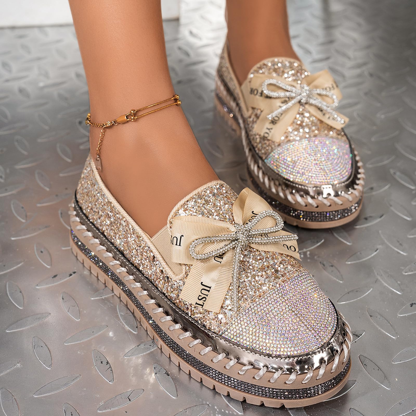 Zapatos casuales cómodos de moda con diamantes de imitación brillantes para mujer, zapatos de moda para mujer, con lazo decorado con lazo, zapatos planos casuales