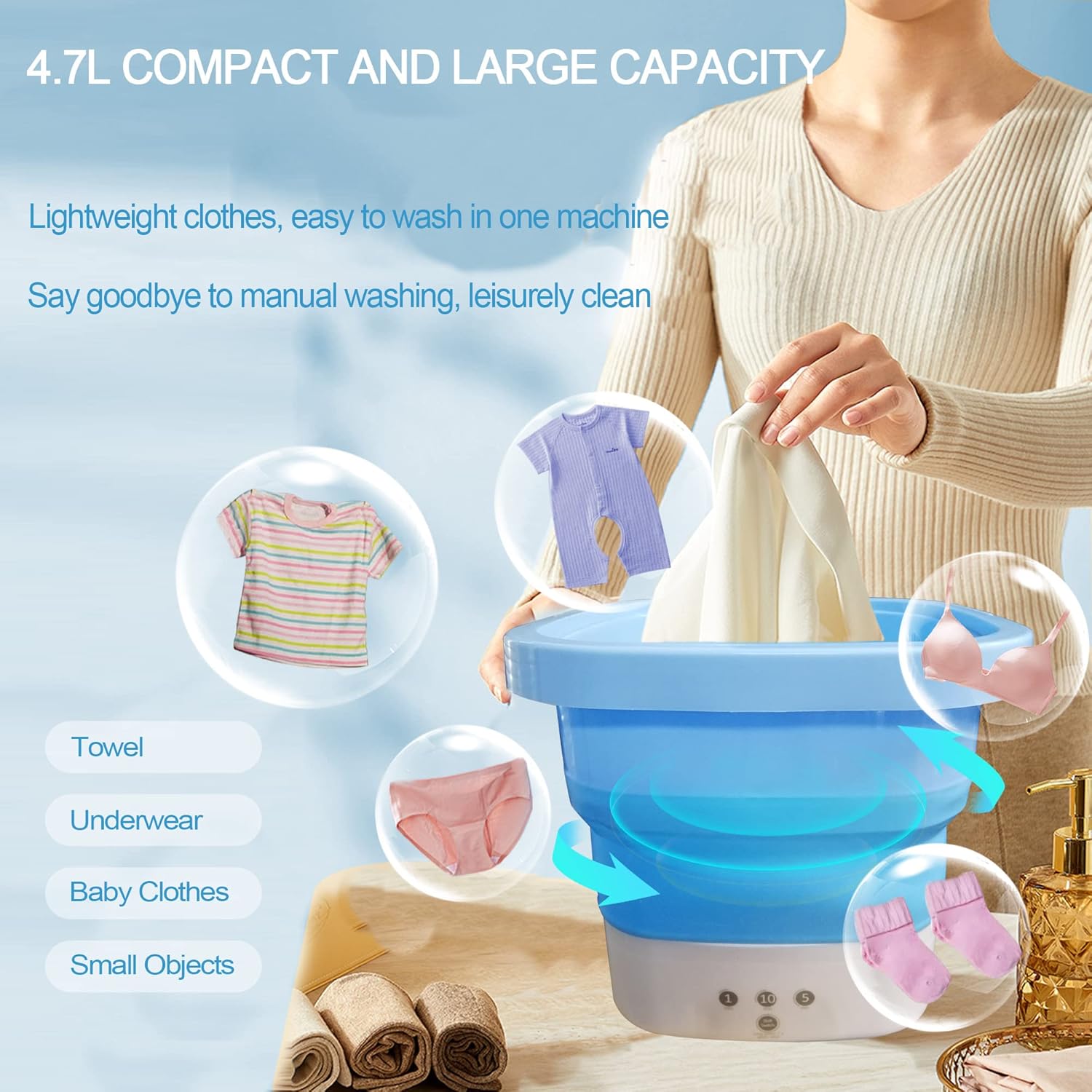 Portable Mini Folding Clothes Washing Machine for Baby Clothes/Underwear/Small Item,Lightweight Foldable Turbine Washers with Drain Basket for Home/Apartments/Travel,Blue