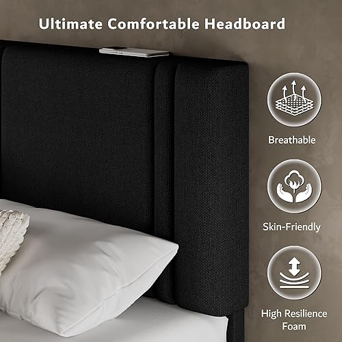 Miniatura 3 de iPormis Base de cama de plataforma Queen con cabecera tapizada de tela y patas gruesas, base de colchón con soporte de listones de madera maciza, no